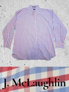 J.McLaughlin Red Blue Gingham Plaid Button Down Shirt Size XL EUC Work Business